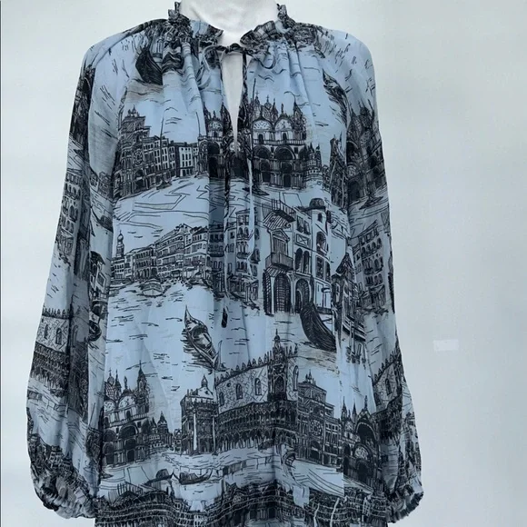 Derek Lam - Pale Blue & Black Toile Print Chiffon Dress Sz 8 - Picture 6 of 10